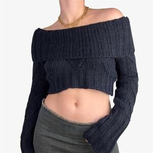 Dark navy blue off the shoulder knit sweater cropped - fits like size small